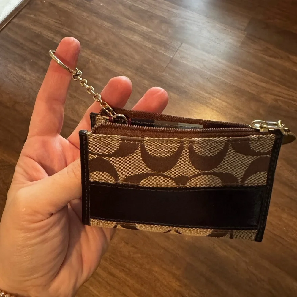 Coach Brown and Tan CC Patterned Change Purse with Key Ring